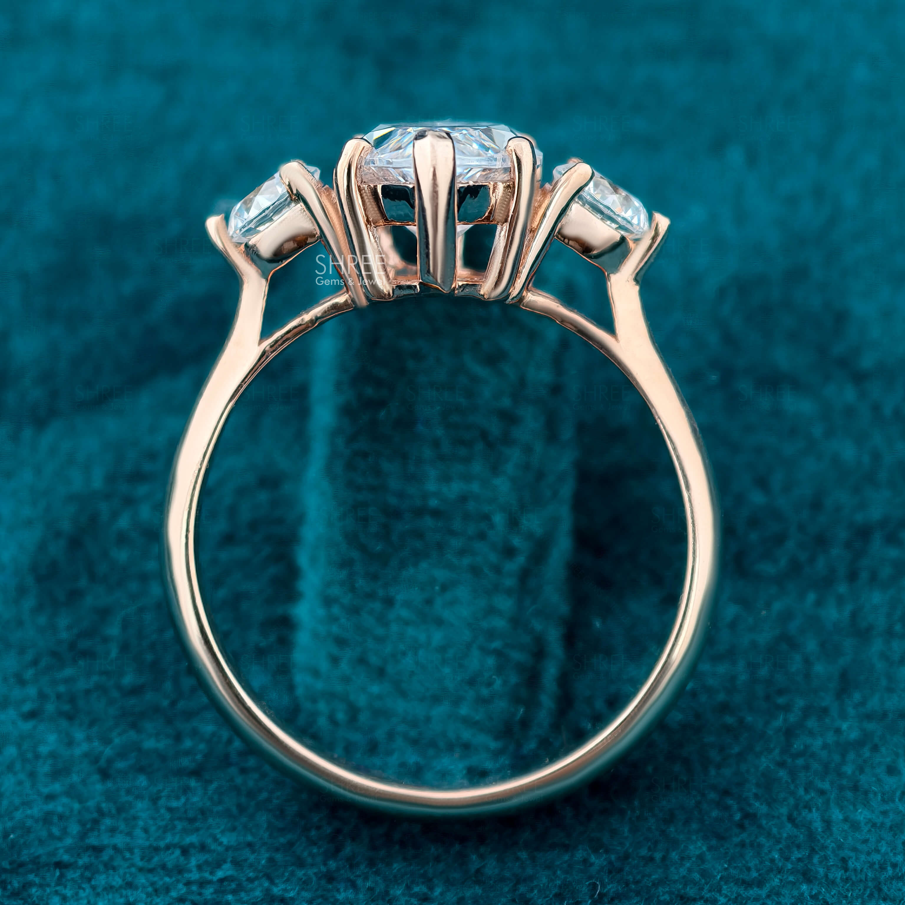 Full band view of Marquise Cut Three Stone Engagement Ring