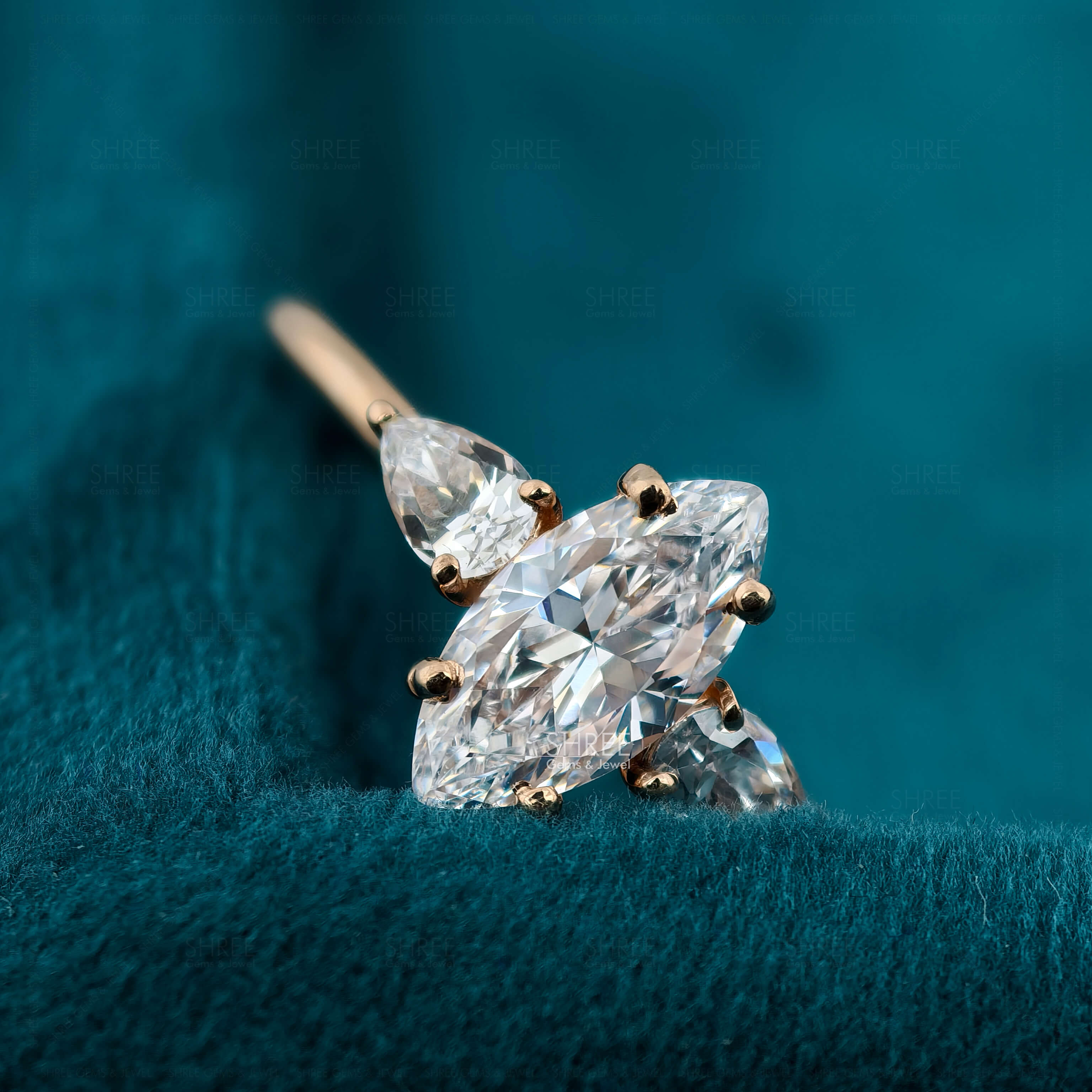 Detailed View of Marquise & Pear Cut Three Stone Lab Created Diamond Ring​