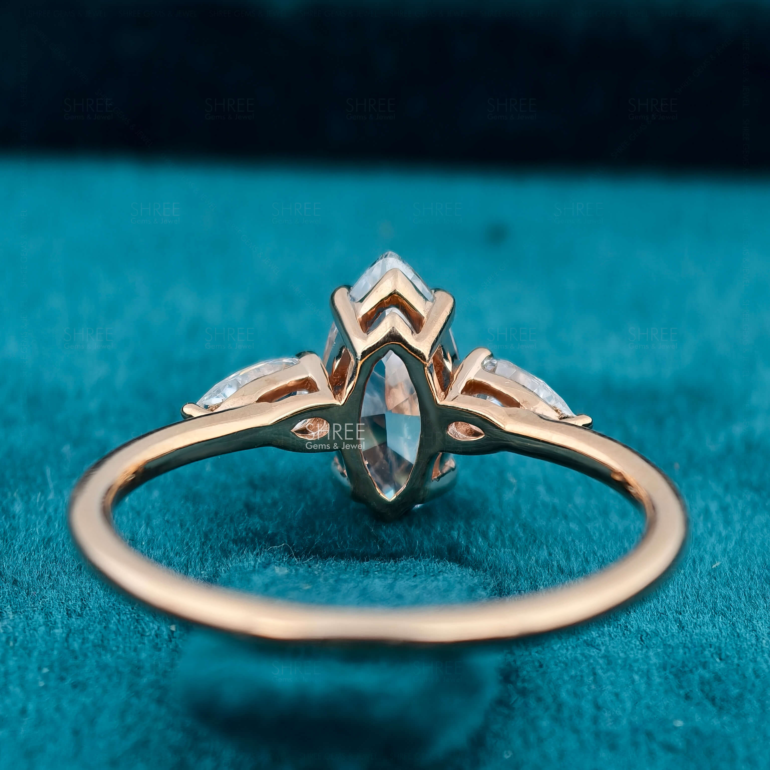 Back Side View of Marquise & Pear Cut Three Stone Lab Created Diamond Ring​