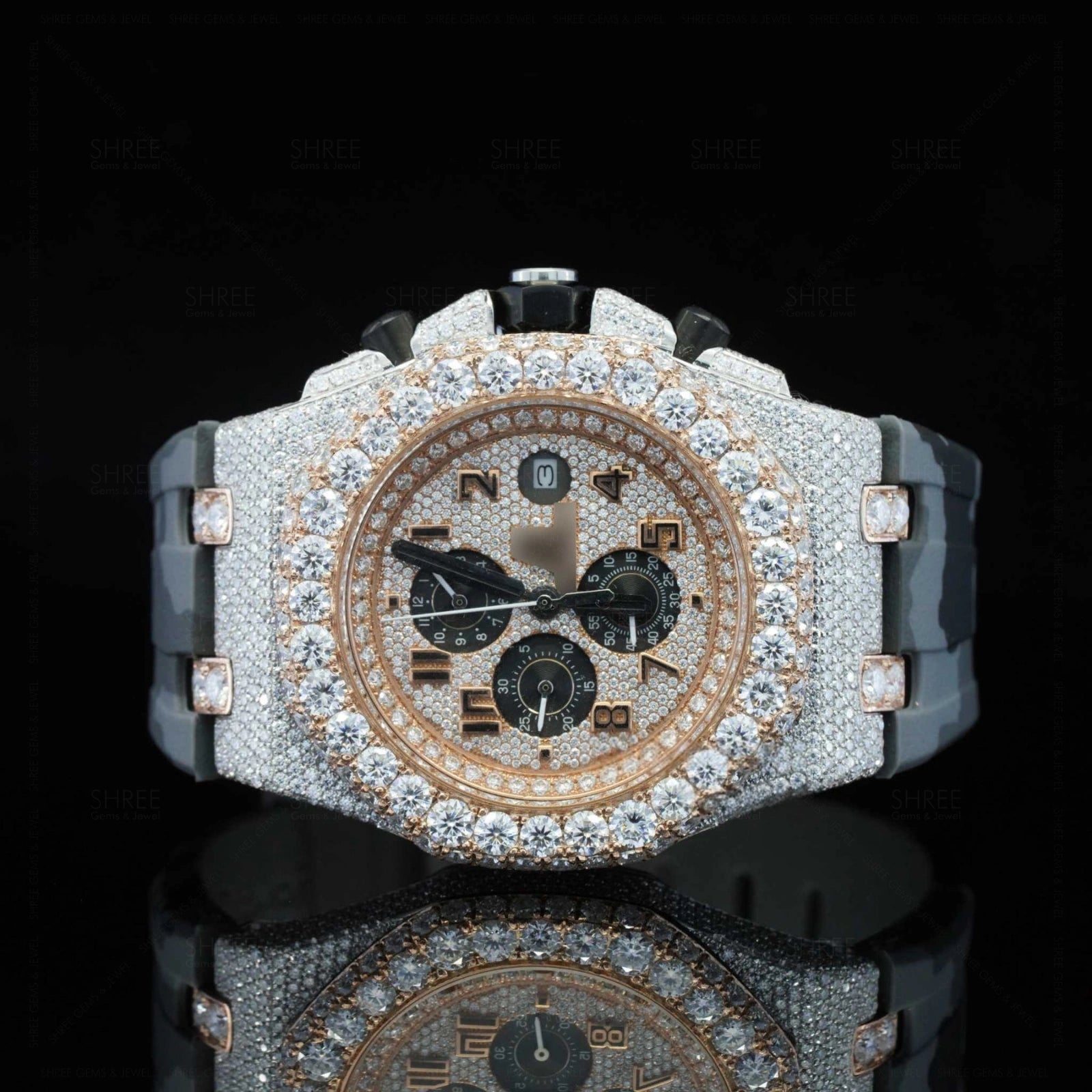 Front View of Military Style Rubber Strap Watch 41mm – Rose Gold Tone Moissanite Dial