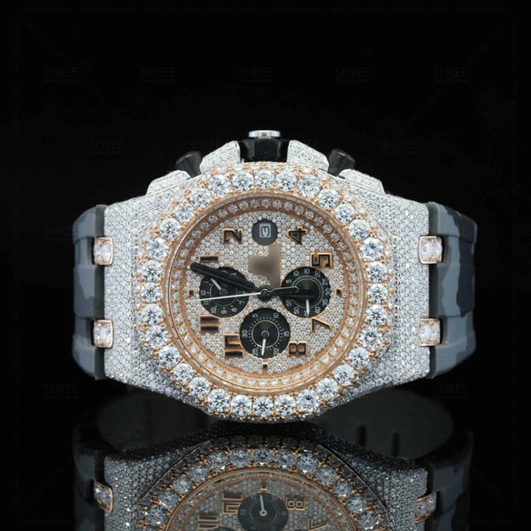 Front View of Military Rubber Strap Moissanite Wrist Watch  41 MM  Rose Gold Tone