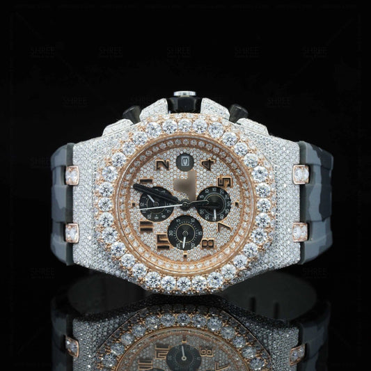 Front View of Military Rubber Strap Moissanite Wrist Watch  41 MM  Rose Gold Tone