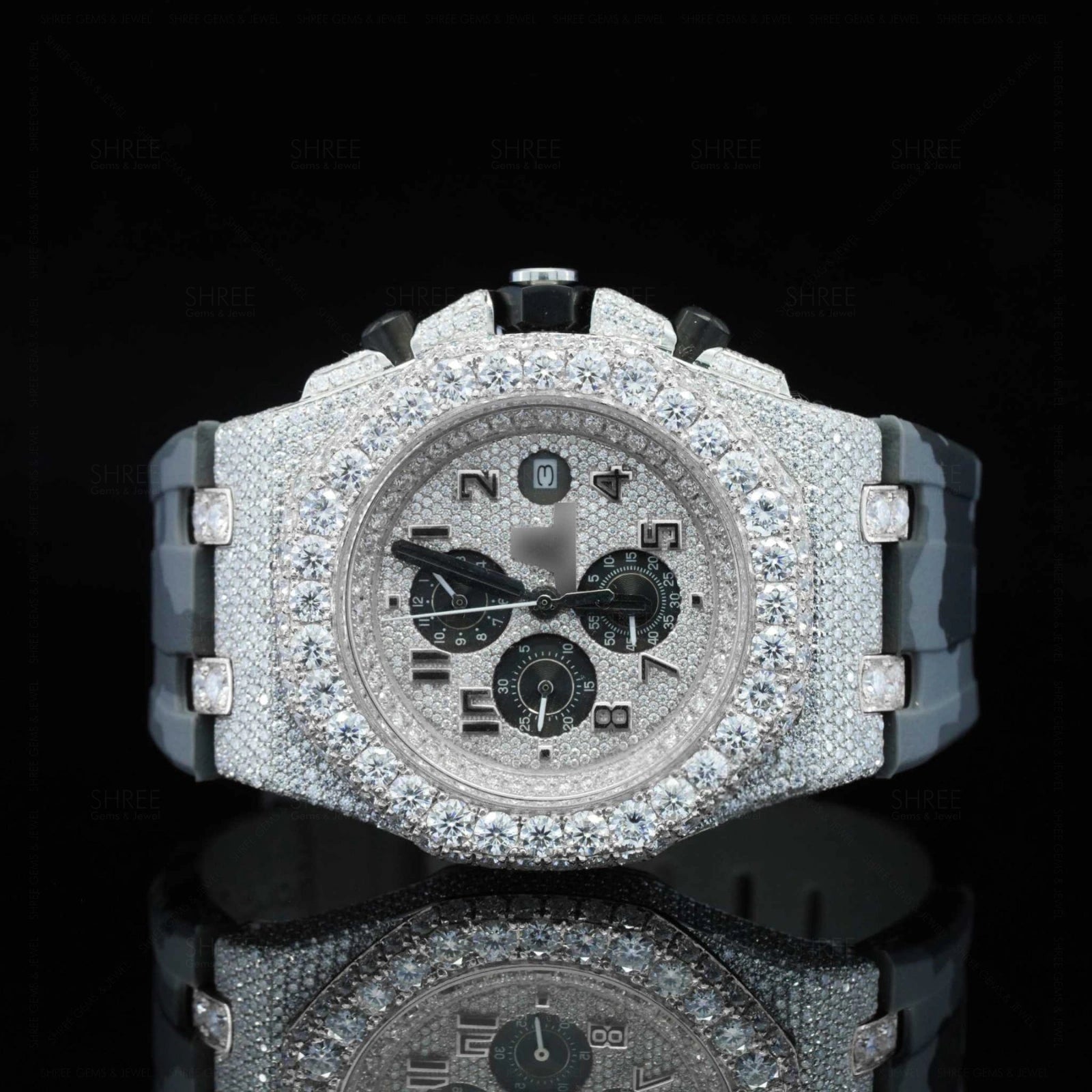 Front View of Military Style Rubber Strap Watch 41mm – White Gold Tone Moissanite Dial