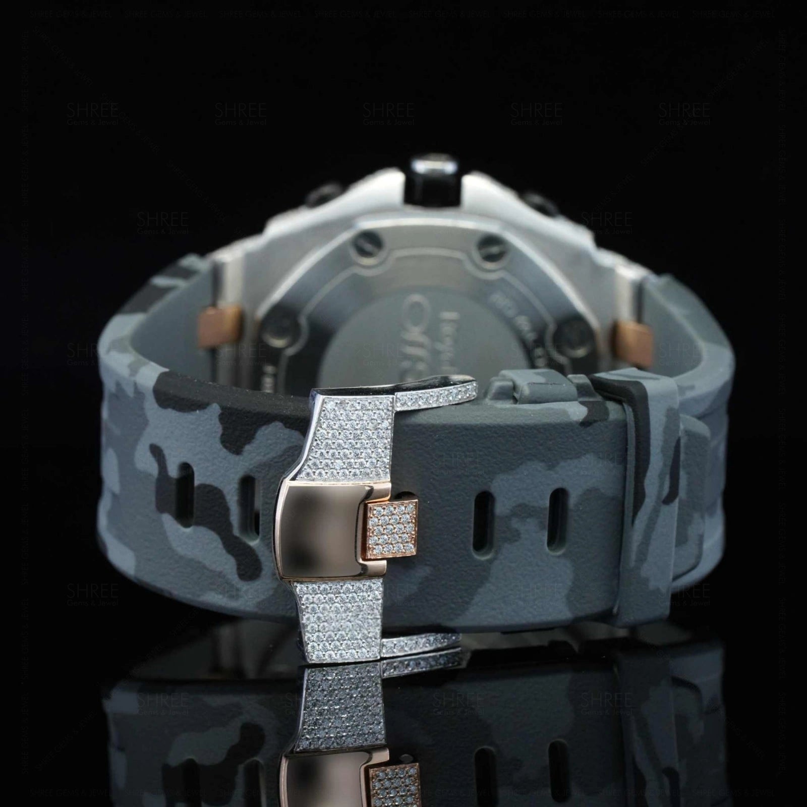 Back side View of Military Style Rubber Strap Watch 41mm – Rose Gold Tone Moissanite Dial