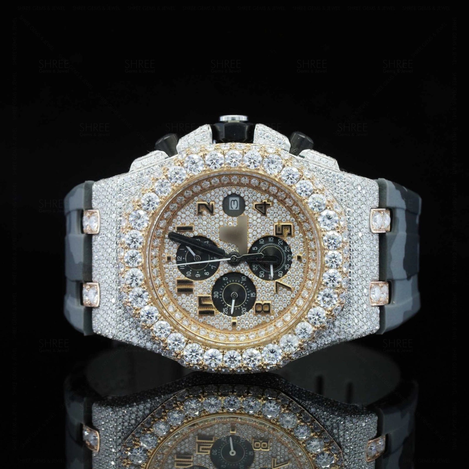 Front View of Military Style Rubber Strap Watch 41mm – Yellow Gold Tone Moissanite Dial