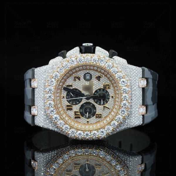 Front View of Military Rubber Strap Moissanite Wrist Watch  41 MM  Yellow Gold Tone