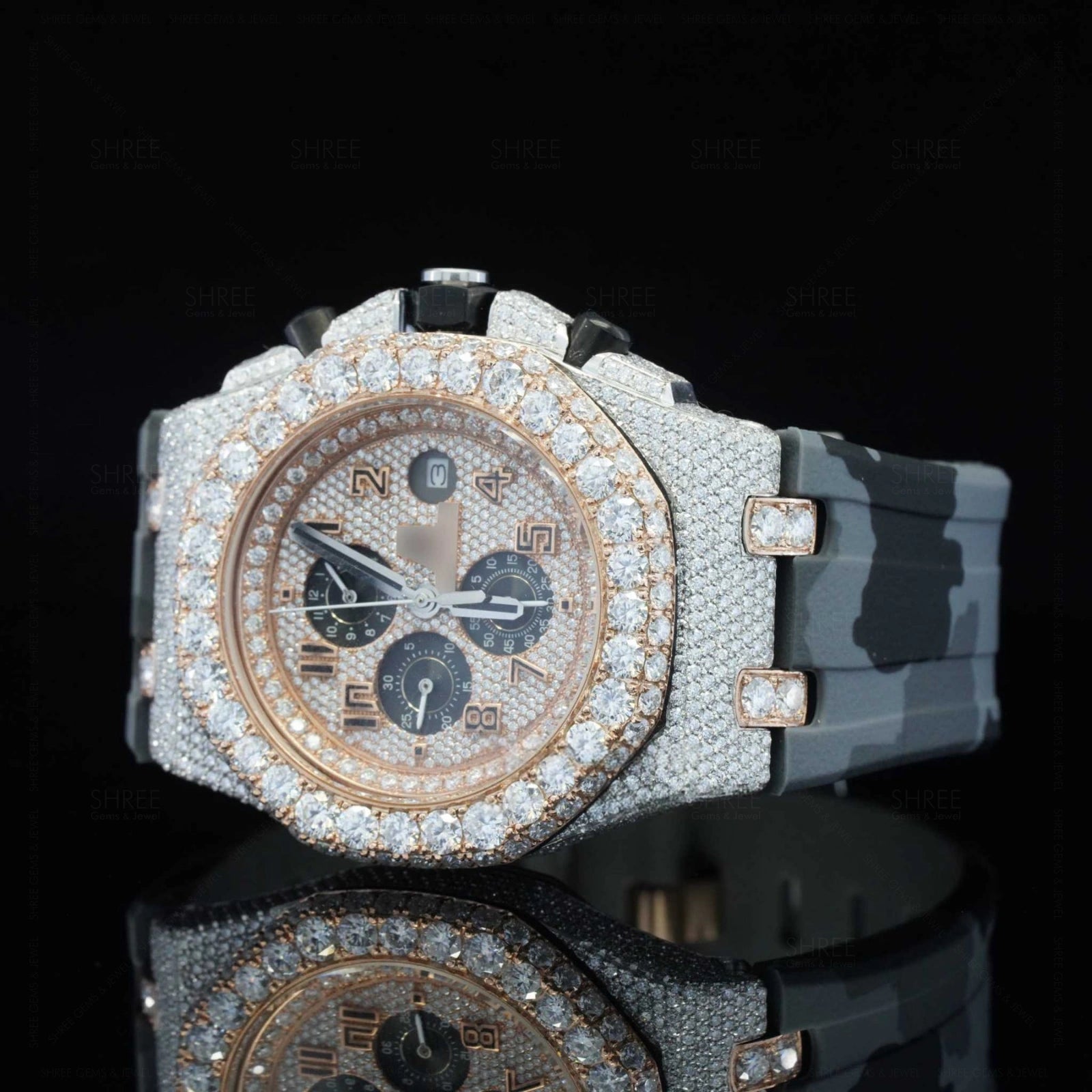 Close up View of Military Style Rubber Strap Watch 41mm – Rose Gold Tone Moissanite Dial
