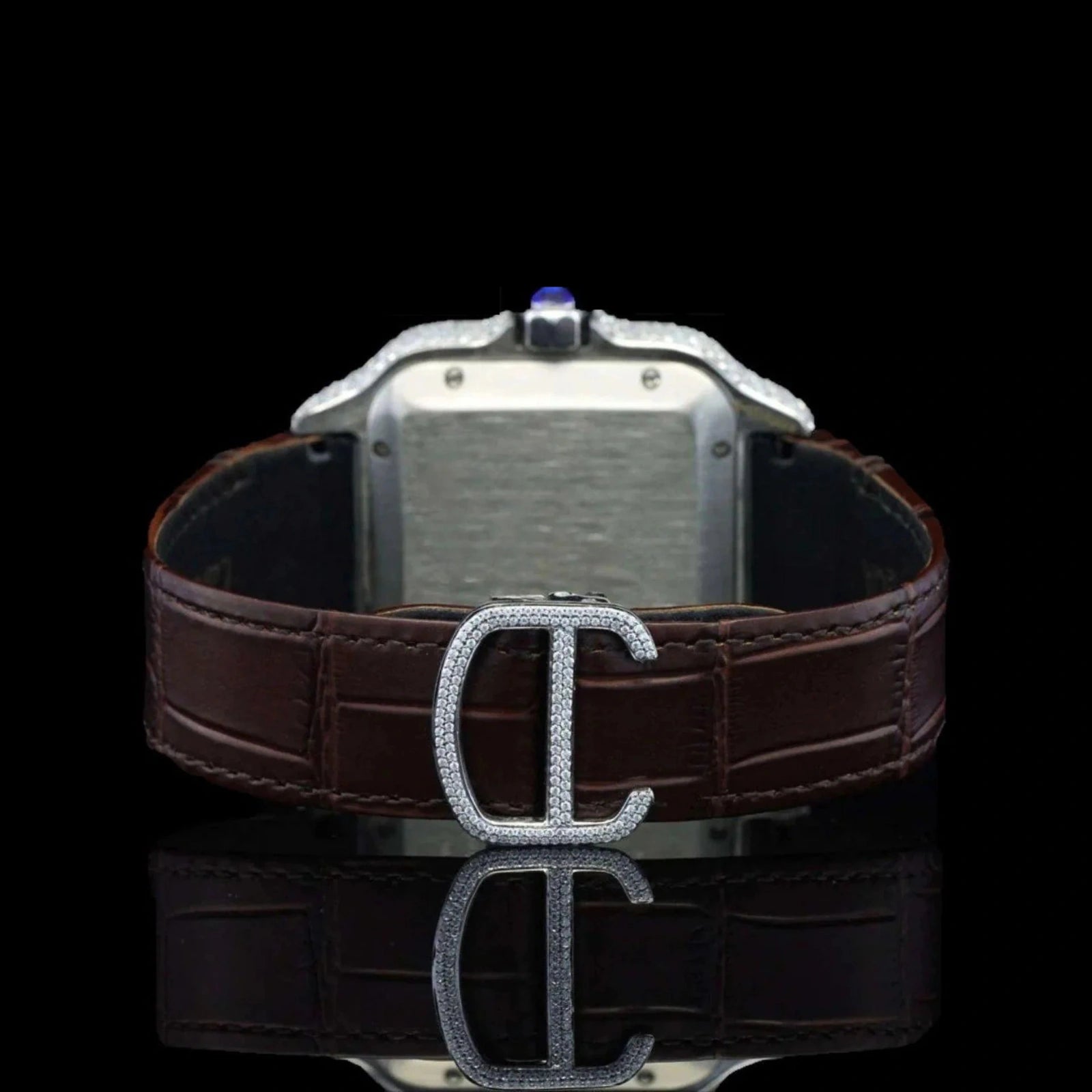 Back Side View of Roman White Dial Brown Leather Strap Moissanite Watch | 41 MM