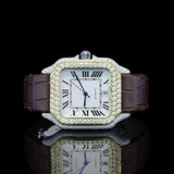 Front View of Roman White Dial Brown Leather Strap Moissanite Watch | 41 MM