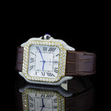 Side face View Of Roman White Dial Brown Leather Strap Moissanite Watch | 41 MM