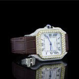 Side View of Roman White Dial Brown Leather Strap Moissanite Watch | 41 MM