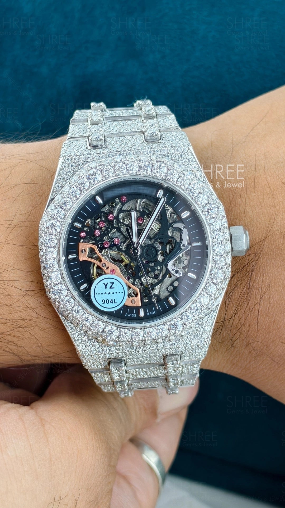 Hand View of Skeleton Moissanite Watch 41mm – White Gold AP Style