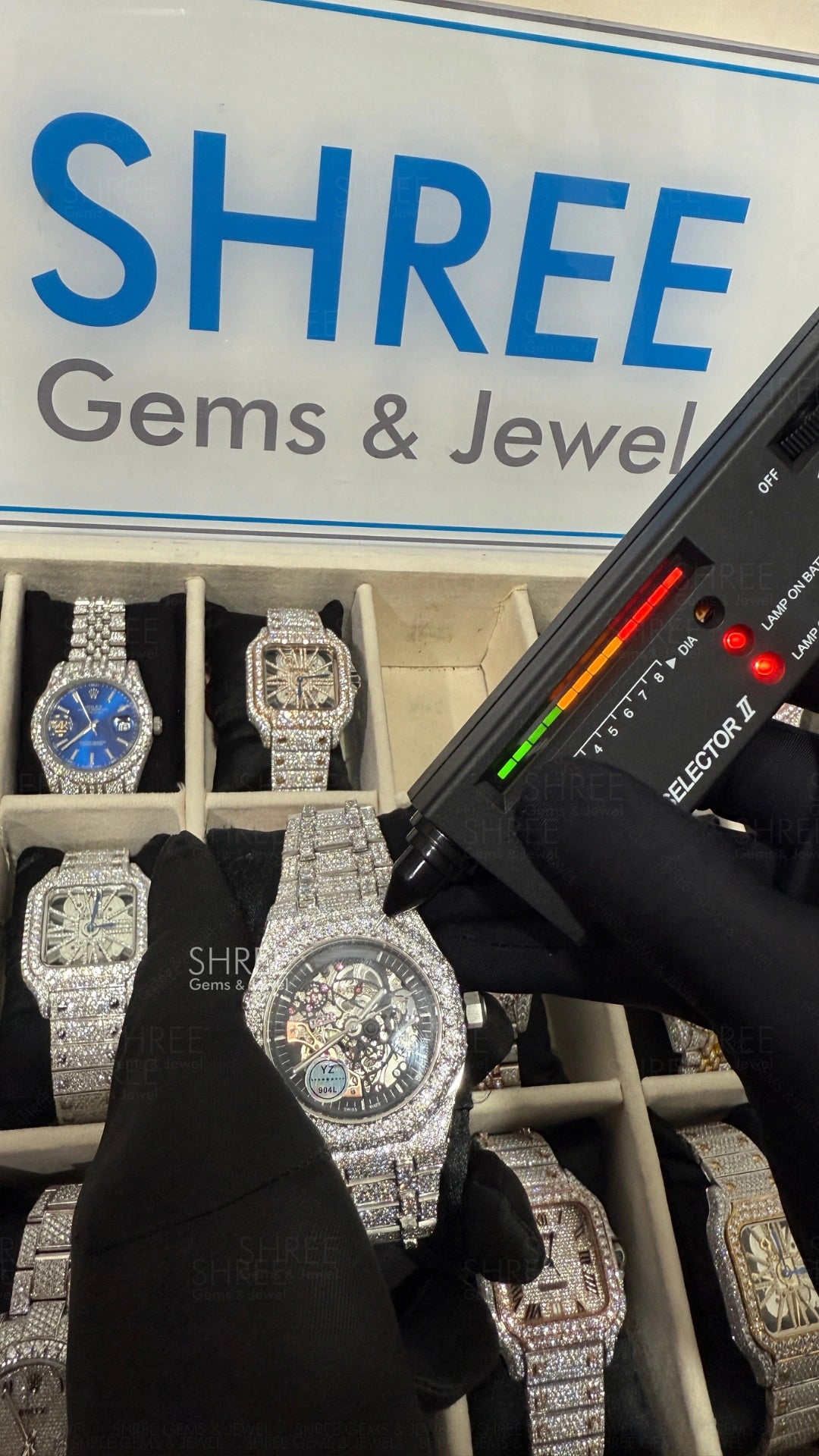 Diamond tester view of Skeleton Moissanite Watch 41mm – White Gold AP Style