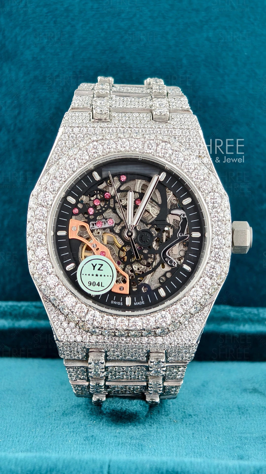 Front View of Skeleton Moissanite Watch 41mm – White Gold AP Style