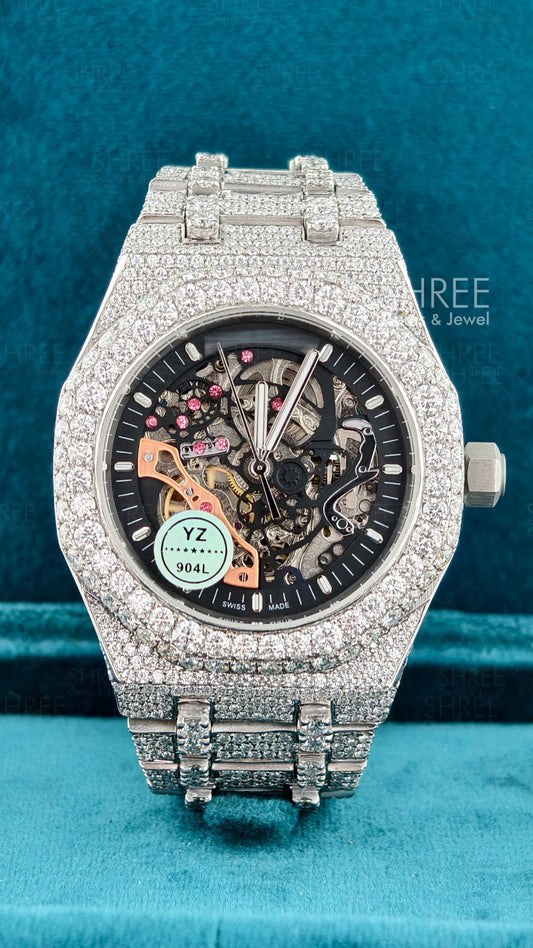 Front View of Skeleton Moissanite Watch 41mm – White Gold AP Style
