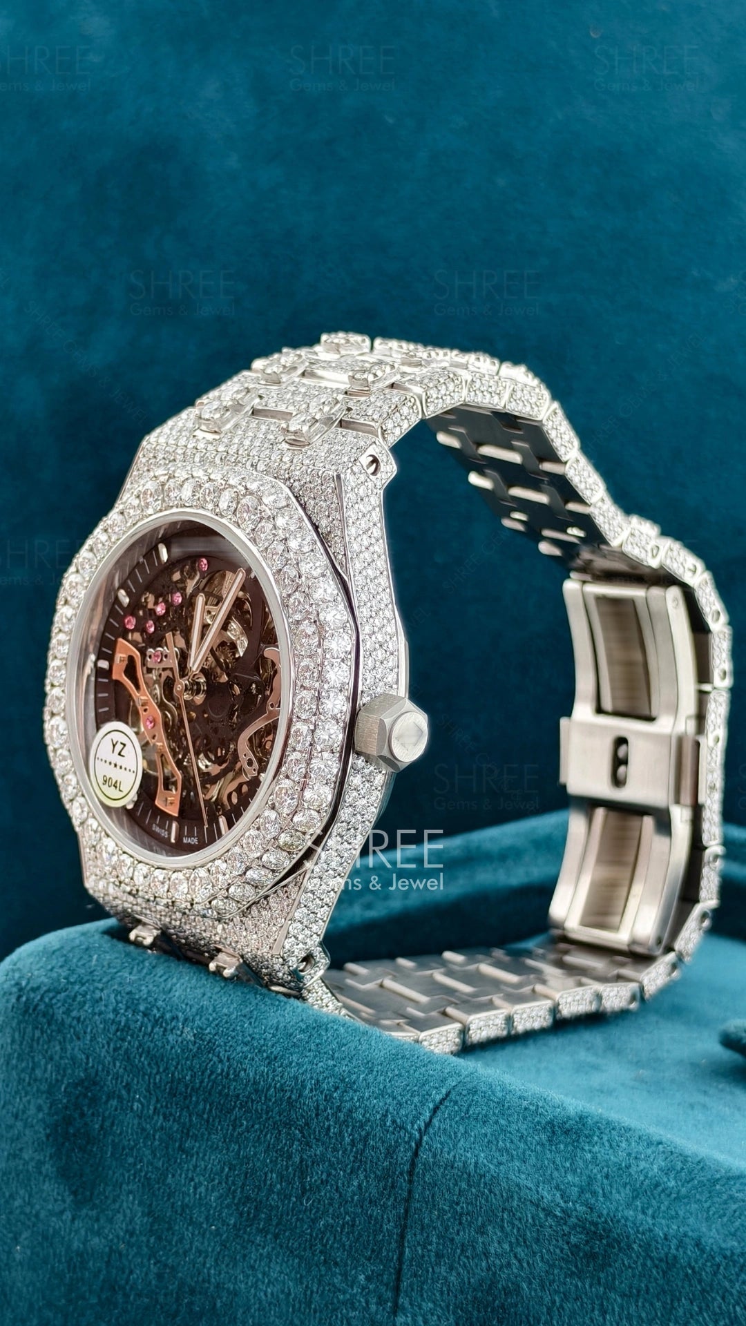 Side Face View of Skeleton Moissanite Watch 41mm – White Gold AP Style