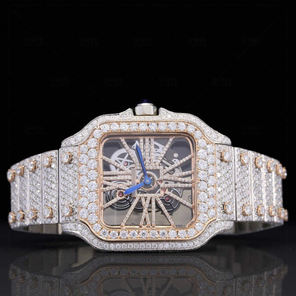 Front View of Moissanite Iced out Skeleton Watch 41 MM Rose Gold Tone