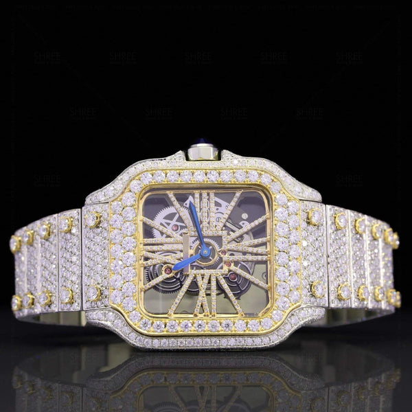 Front View of Moissanite Iced out Skeleton Watch 41 MM Yellow Gold Tone