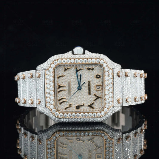 Front View of Moissanite Square Watch in Arabic Dial | 41 MM | Rose Gold Tone
