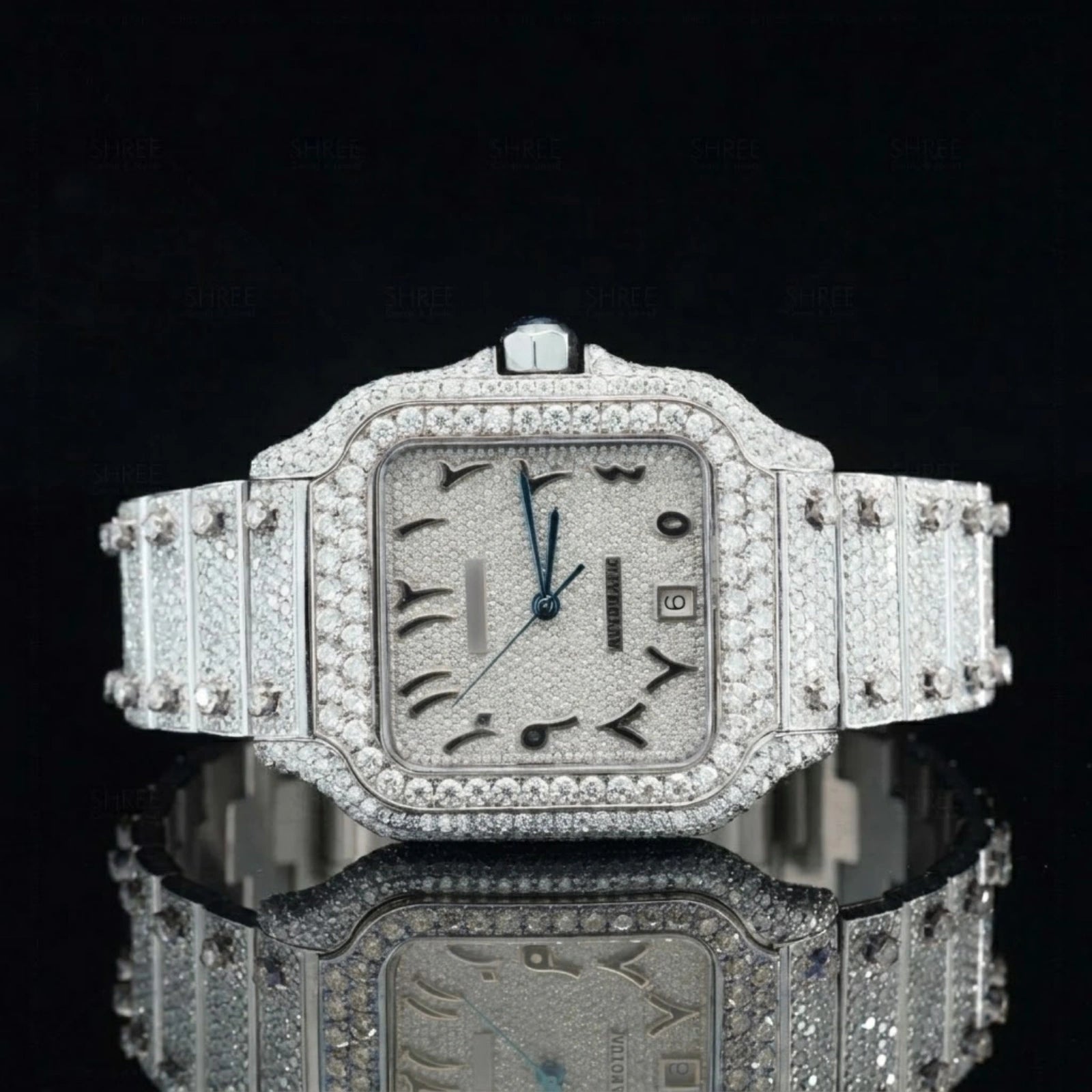 Front View of Moissanite Square Watch in Arabic Dial | 41 MM | White Gold Tone