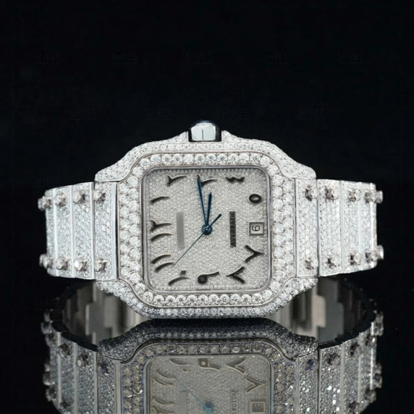 Front View of Moissanite Square Watch in Arabic Dial | 41 MM | White Gold Tone