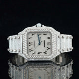 Front View of Moissanite Square Watch in Arabic Dial | 41 MM | White Gold Tone