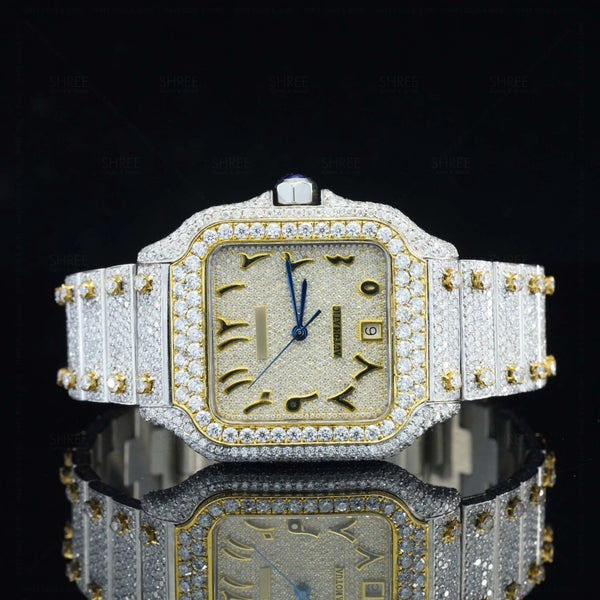 Front View of Moissanite Square Watch in Arabic Dial | 41 MM | Yellow Gold Tone
