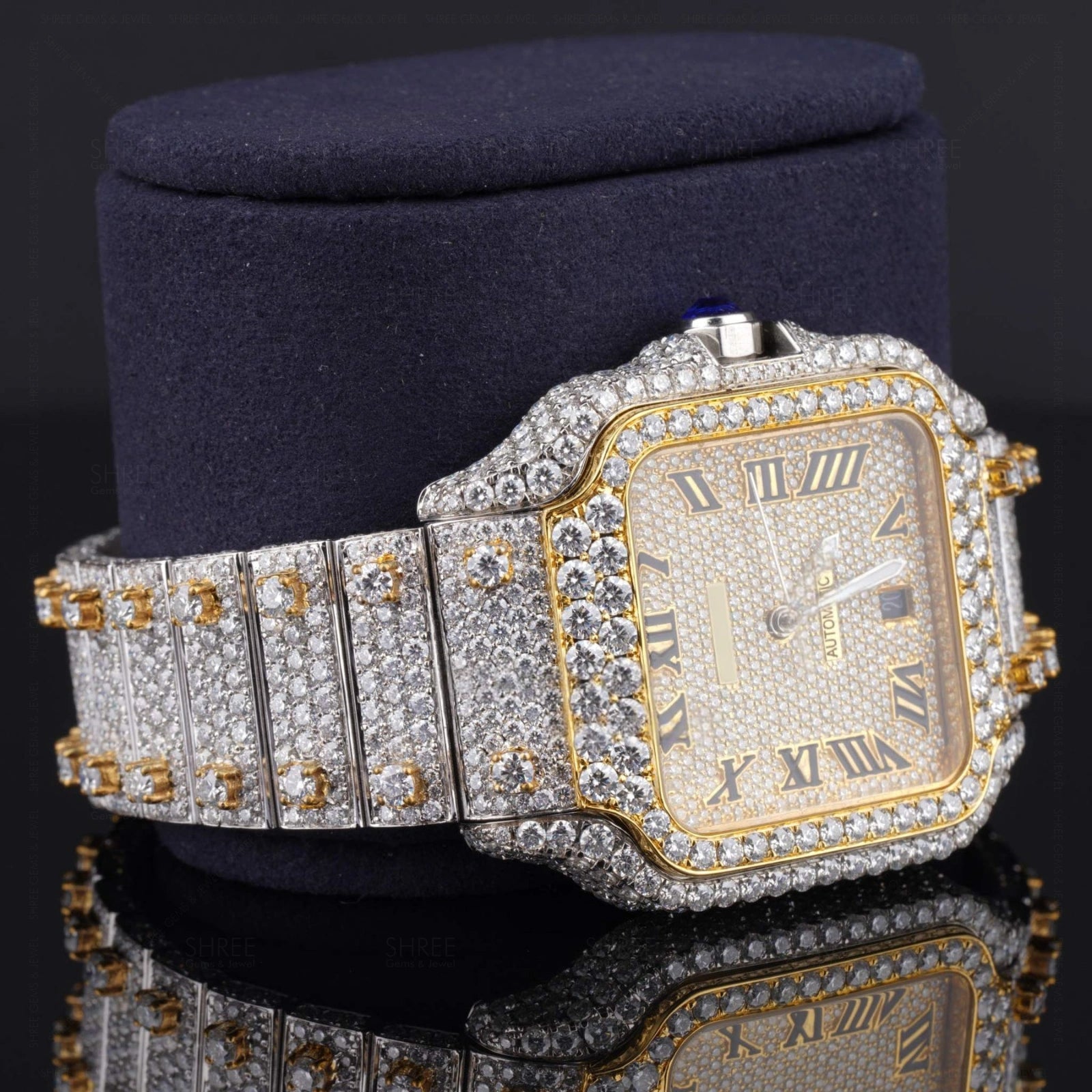 Side view of Moissanite Square Watch in Roman Dial  41 MM  Yellow Gold Tone