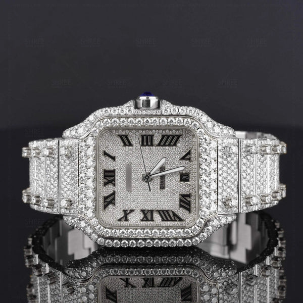 Front view of Moissanite Square Watch in Roman Dial  41 MM  White Gold Tone