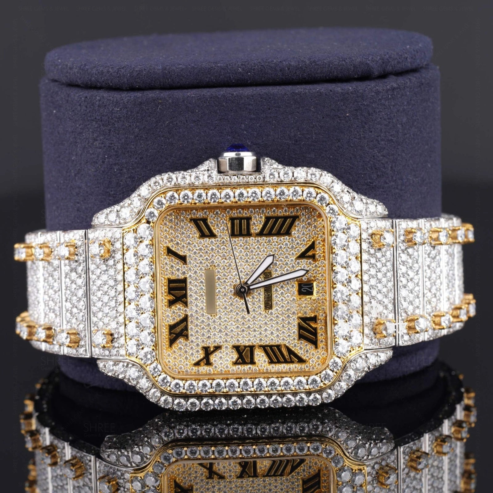 Main view of Moissanite Square Watch in Roman Dial  41 MM  Yellow Gold Tone