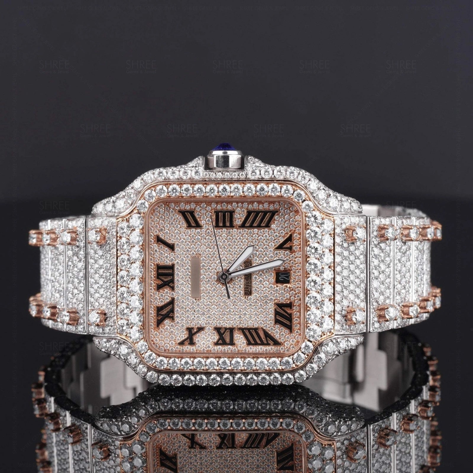 Front view of Moissanite Square Watch in Roman Dial  41 MM  Rose Gold Tone