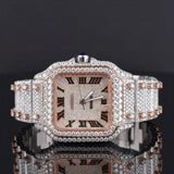 Front view of Moissanite Square Watch in Roman Dial  41 MM  Rose Gold Tone