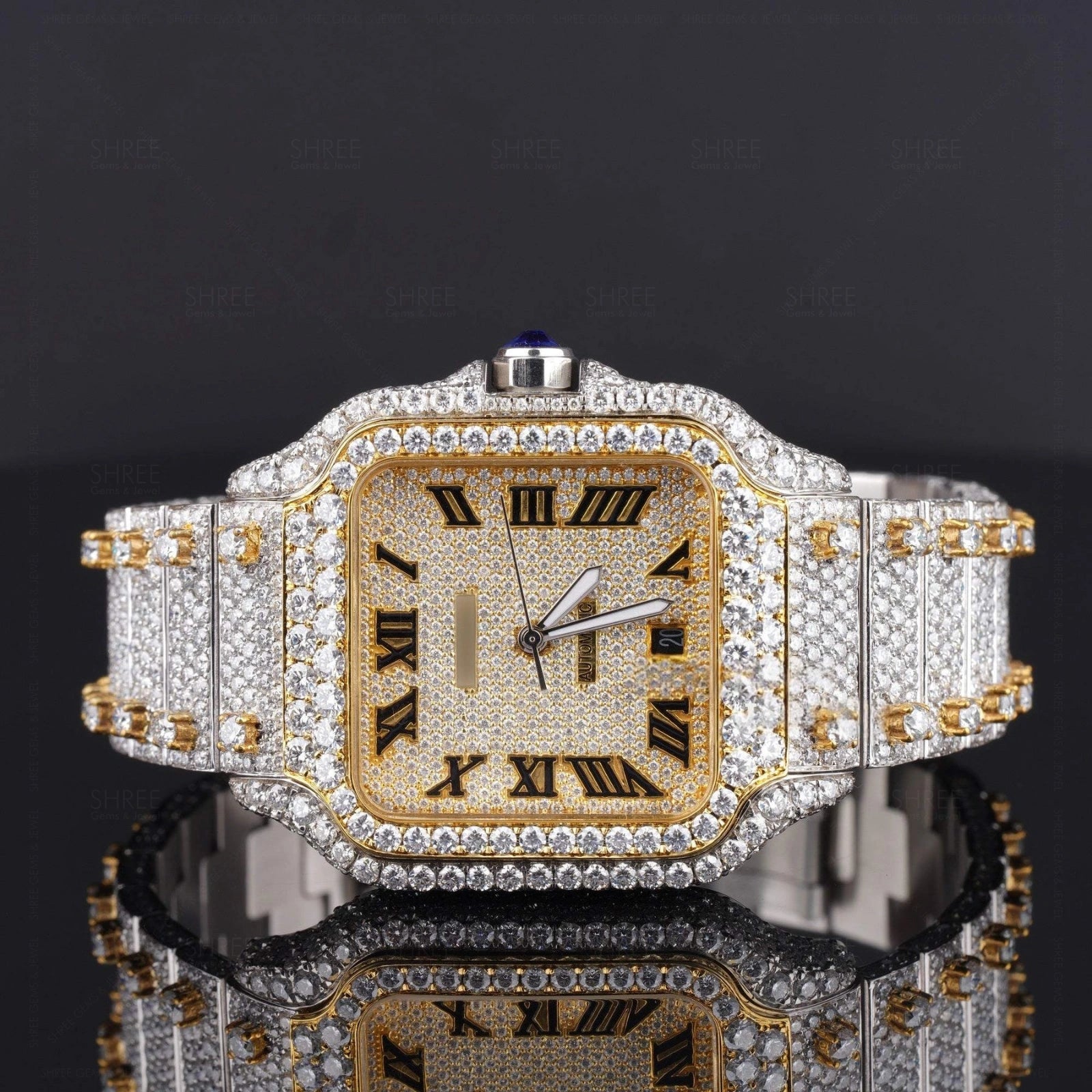 Front VIew of Moissanite Square Watch in Roman Dial  41 MM  Yellow Gold Tone