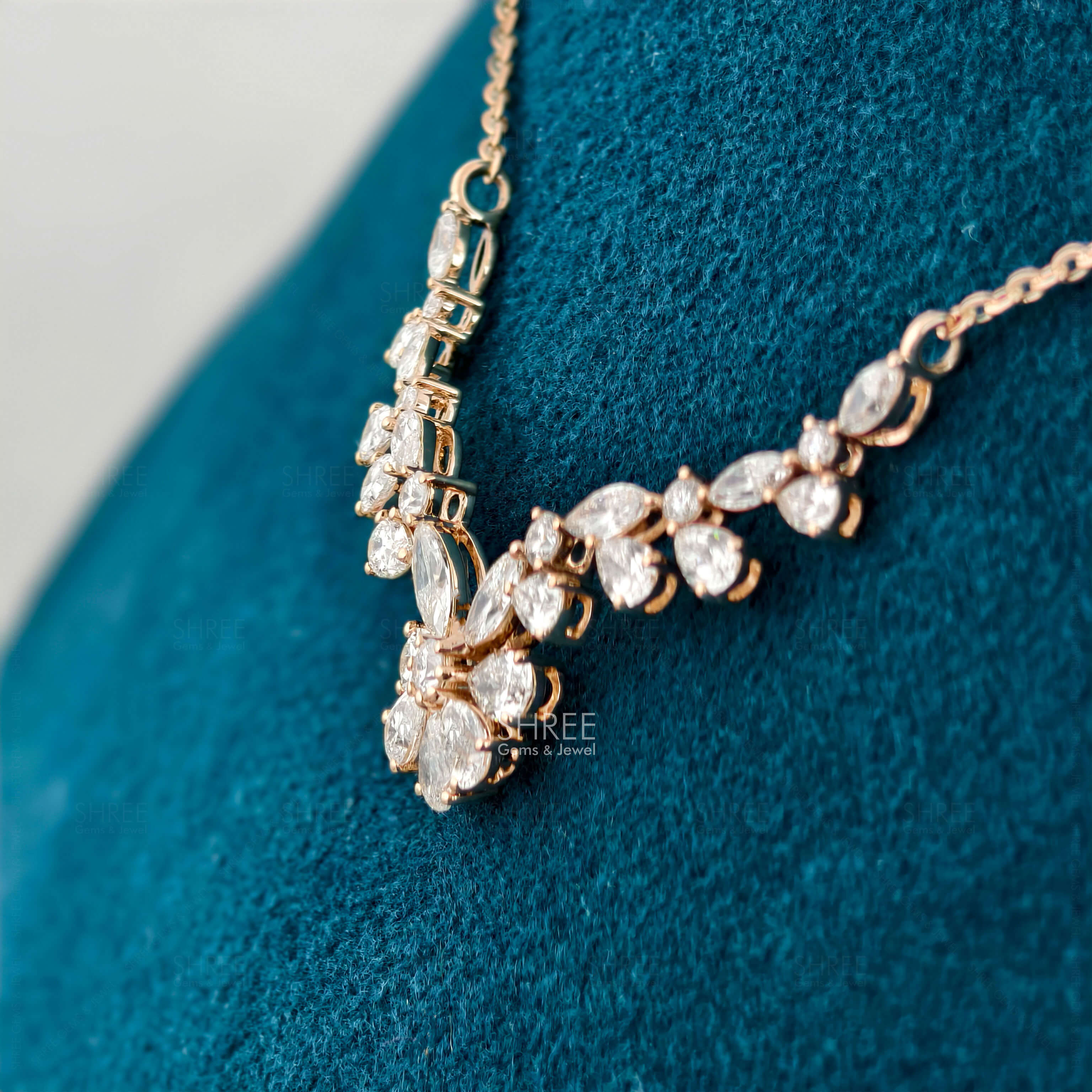 side view of diamond floral necklace