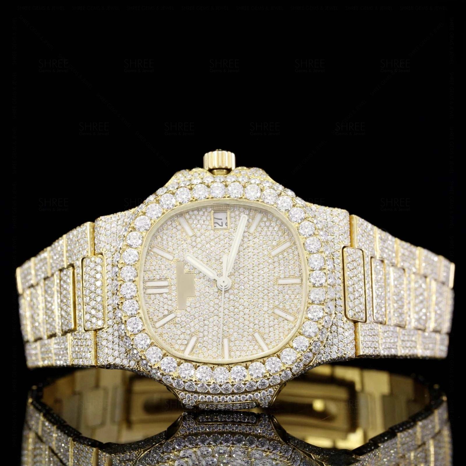 Front view of Nautilus Fully Iced out Moissanite Diamond Watch  41 Mm  Yellow Gold Tone