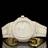 Front view of Nautilus Fully Iced out Moissanite Diamond Watch  41 Mm  Yellow Gold Tone