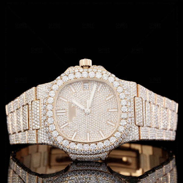 Front view of Nautilus Fully Iced out Moissanite Diamond Watch  41 Mm  Rose Gold Tone