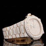 Close up view of Nautilus Fully Iced out Moissanite Diamond Watch  41 Mm  Rose Gold Tone