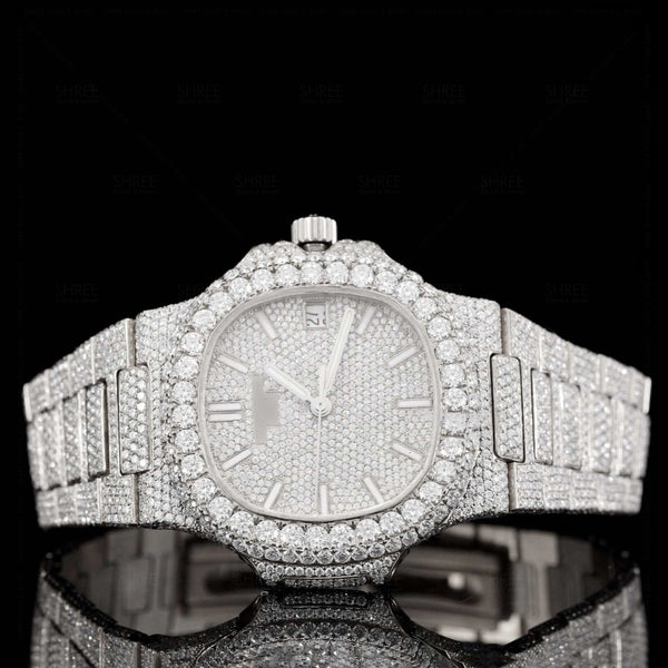 Front view of Nautilus Fully Iced out Moissanite Diamond Watch  41 Mm  White Gold Tone