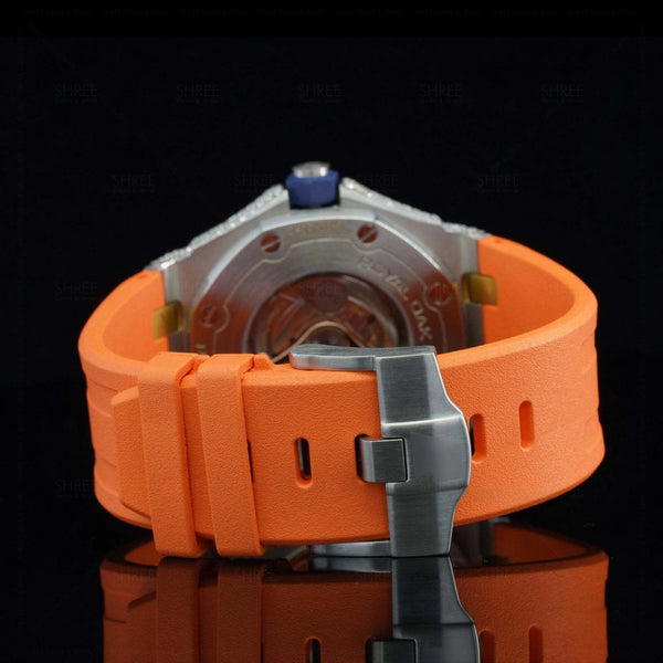 Back view of Orange Rubber Strap Moissanite Wrist Watch | 41 MM | Rose Gold Tone