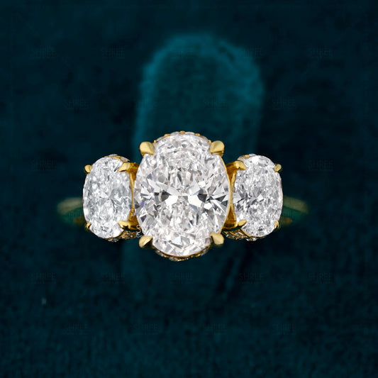 Front View Of Oval Lab Grown Diamond 3 Stone Engagement Ring