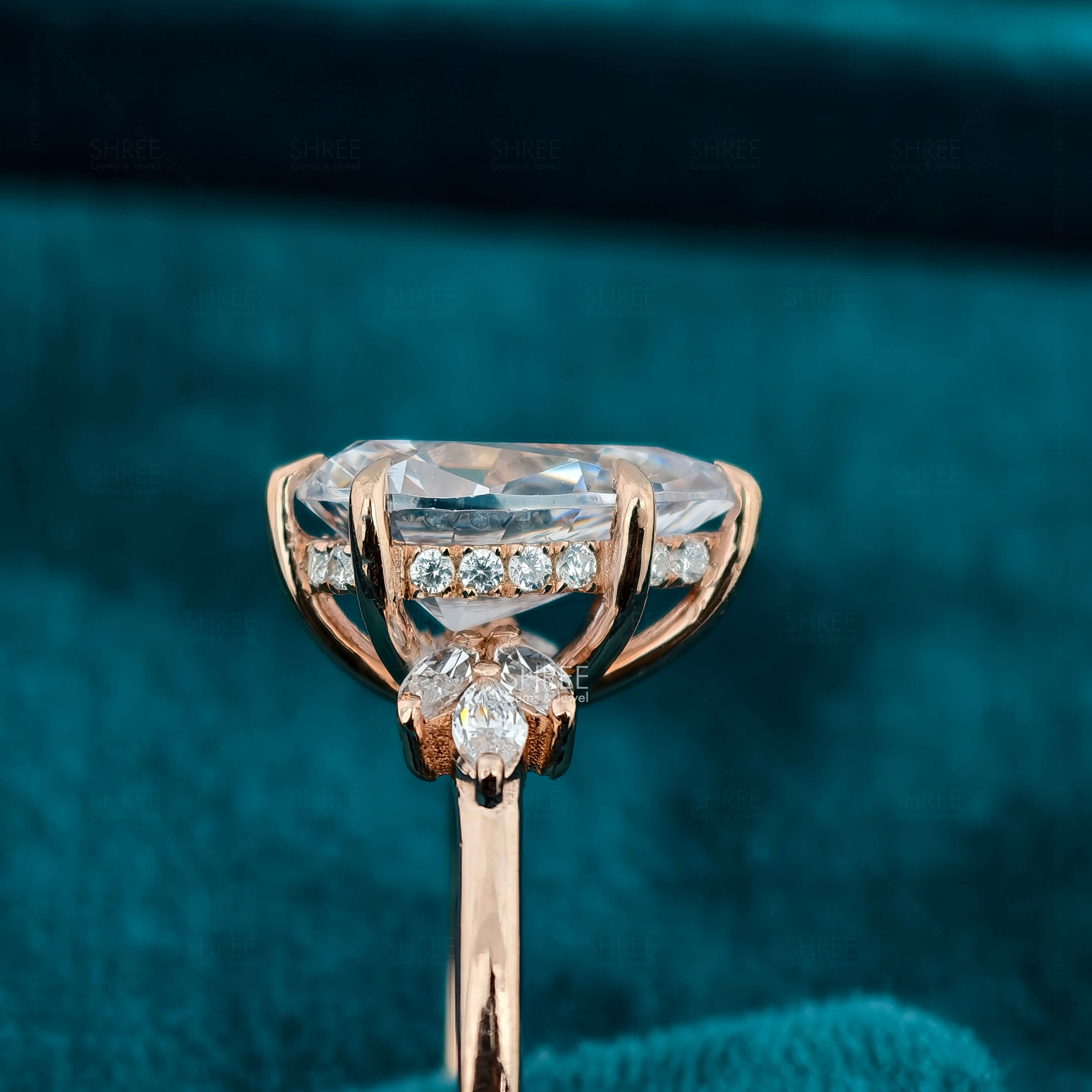 Side View Of Pear Cut Lab Diamond Hidden Halo Engagement Ring