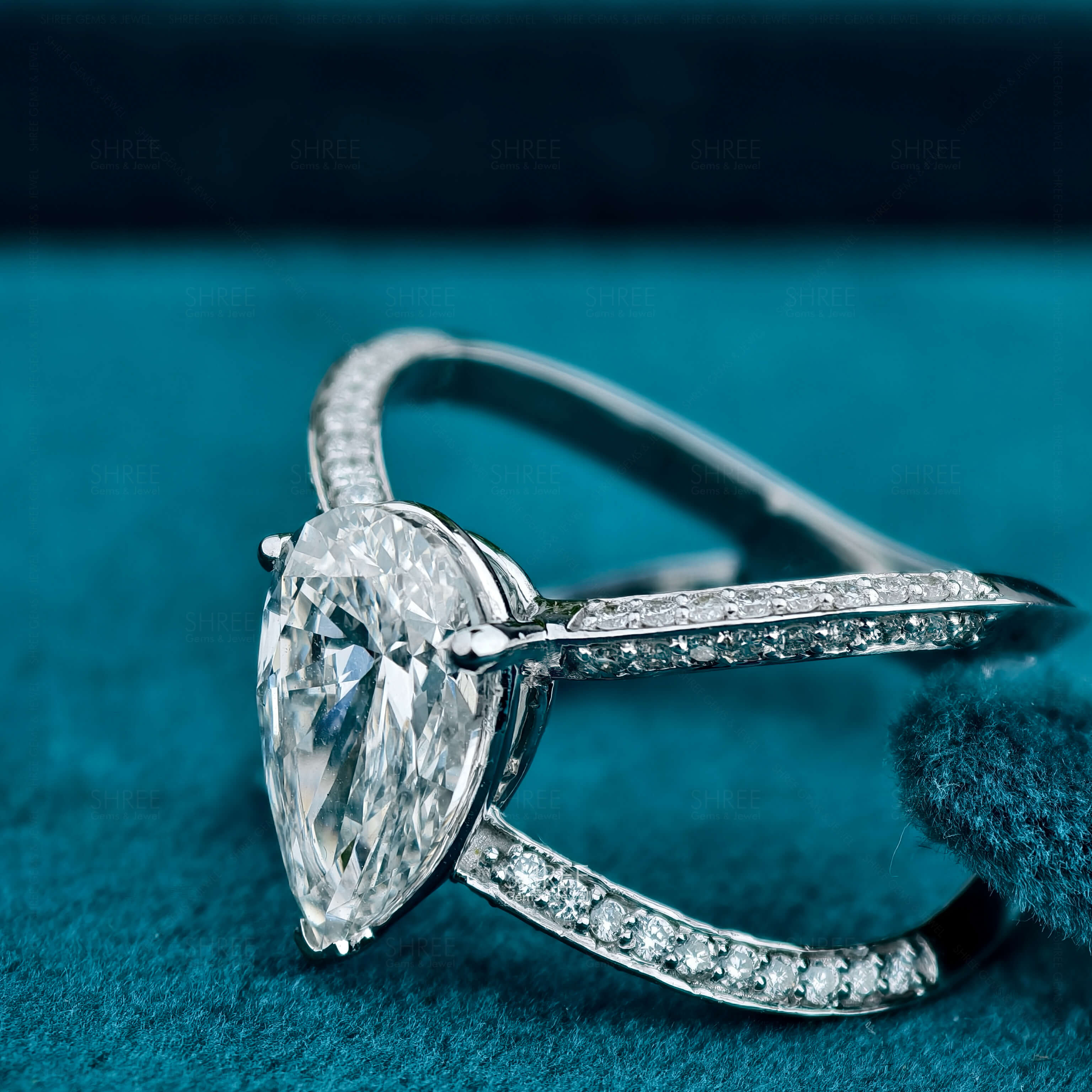 Close up View of Pear Cut Lab Diamond Split Shank Wedding Ring For Her