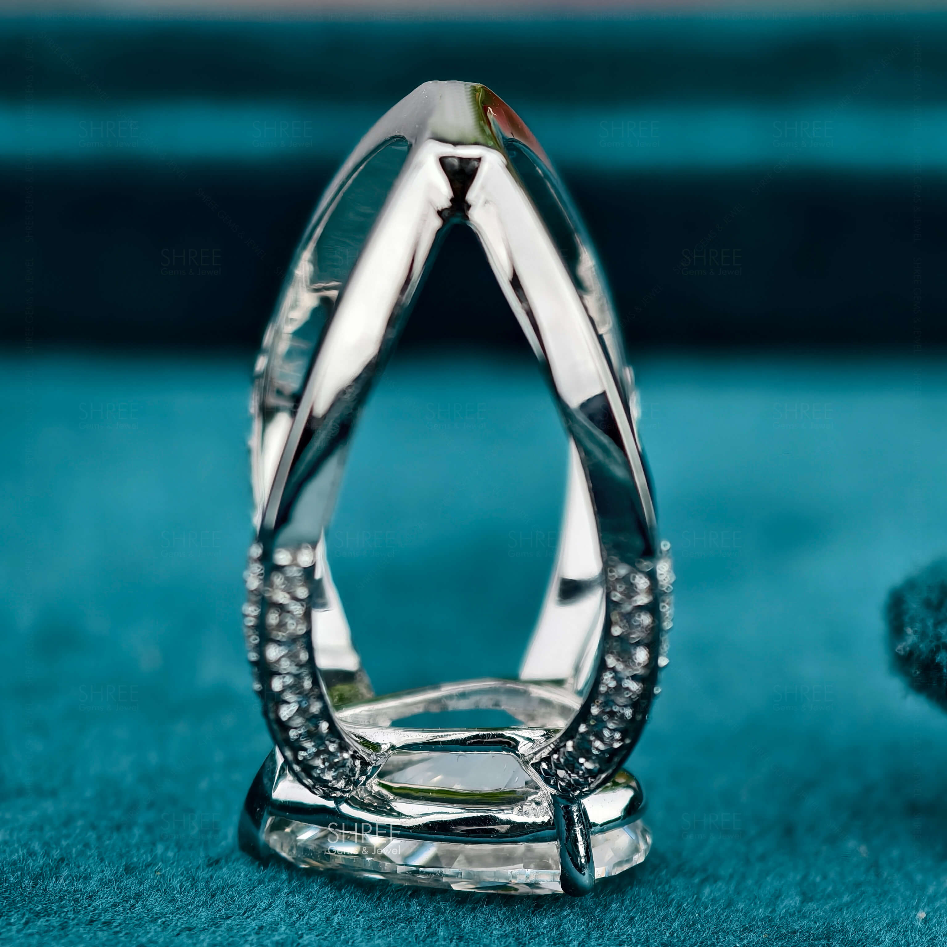 Up side Down View of Pear Cut Lab Diamond Split Shank Wedding Ring For Her