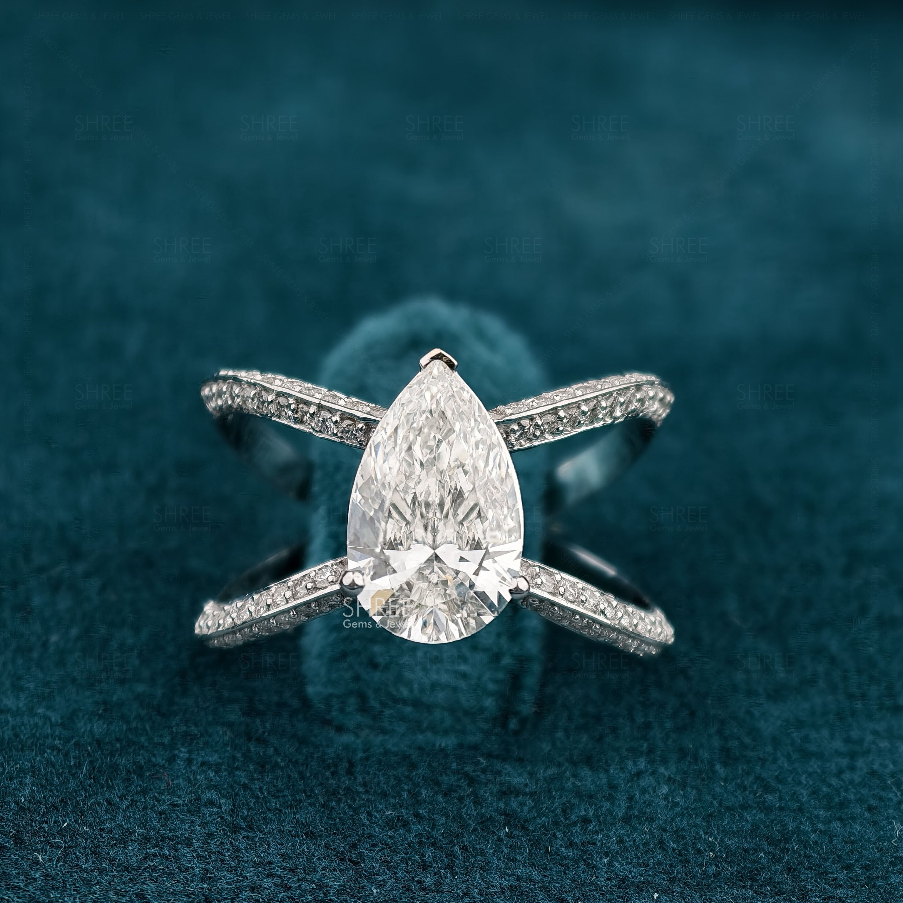 Pear Cut Lab Diamond Split Shank Wedding Ring For Her