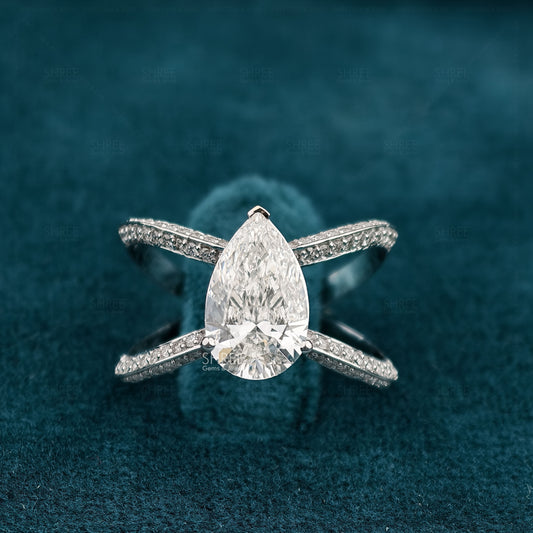 Pear Cut Lab Diamond Split Shank Wedding Ring For Her