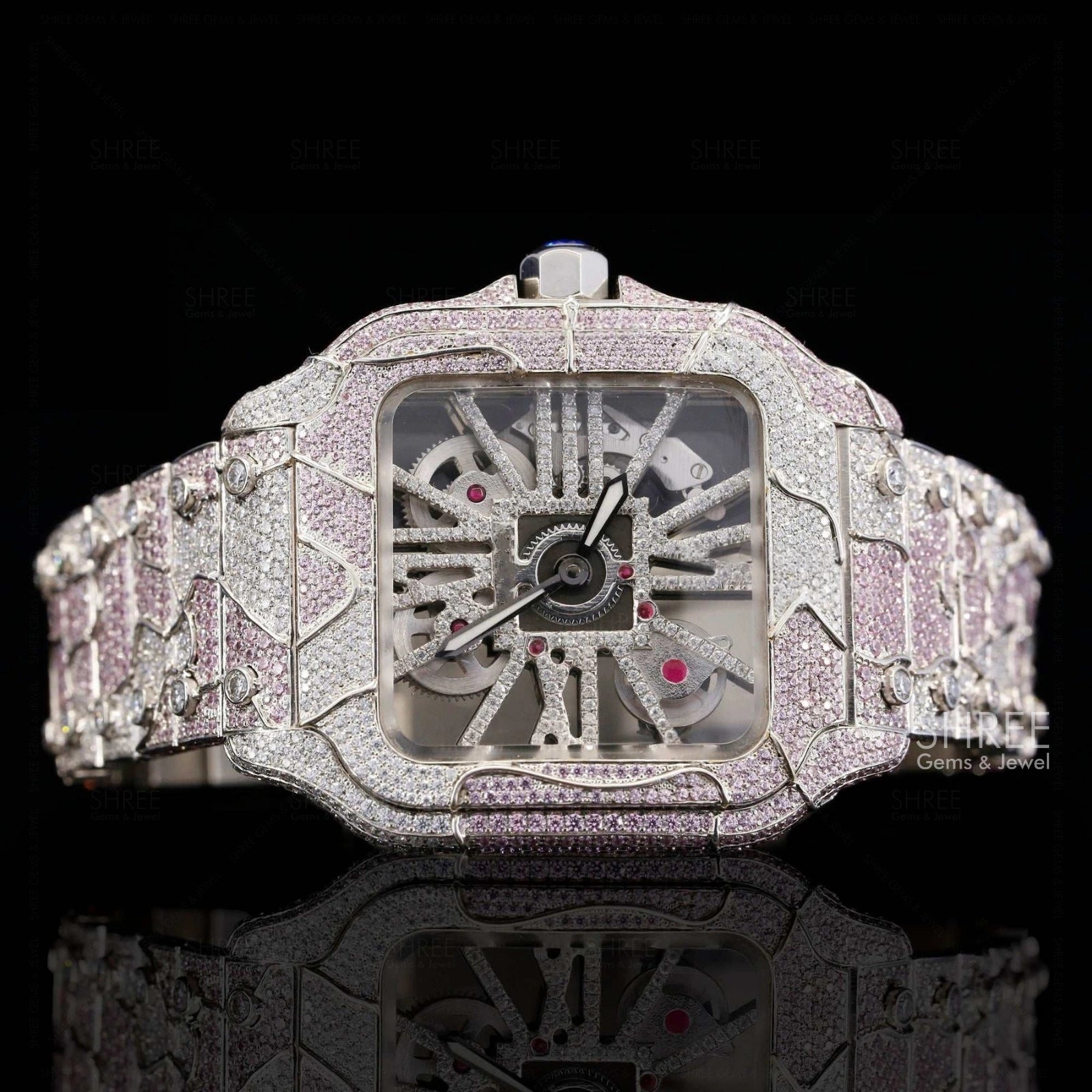 Front View of Pink Skeleton Moissanite Watch – Fully Iced Square Dial 41MM