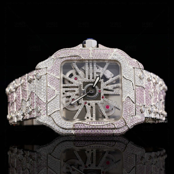 Front View of Pink Skeleton Moissanite Watch – Fully Iced Square Dial 41MM