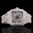 Front View of Pink Skeleton Moissanite Watch – Fully Iced Square Dial 41MM