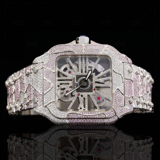 Front View of Pink Skeleton Moissanite Watch – Fully Iced Square Dial 41MM